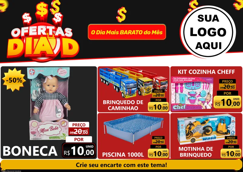 Modelo de Encarte para Encarte A4 Horizontal com o tema Ofertas Dia D para Brinquedos