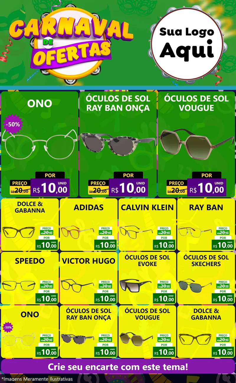 Modelo de Encarte para Encarte Grande com o tema Carnaval de Ofertas para Óticas