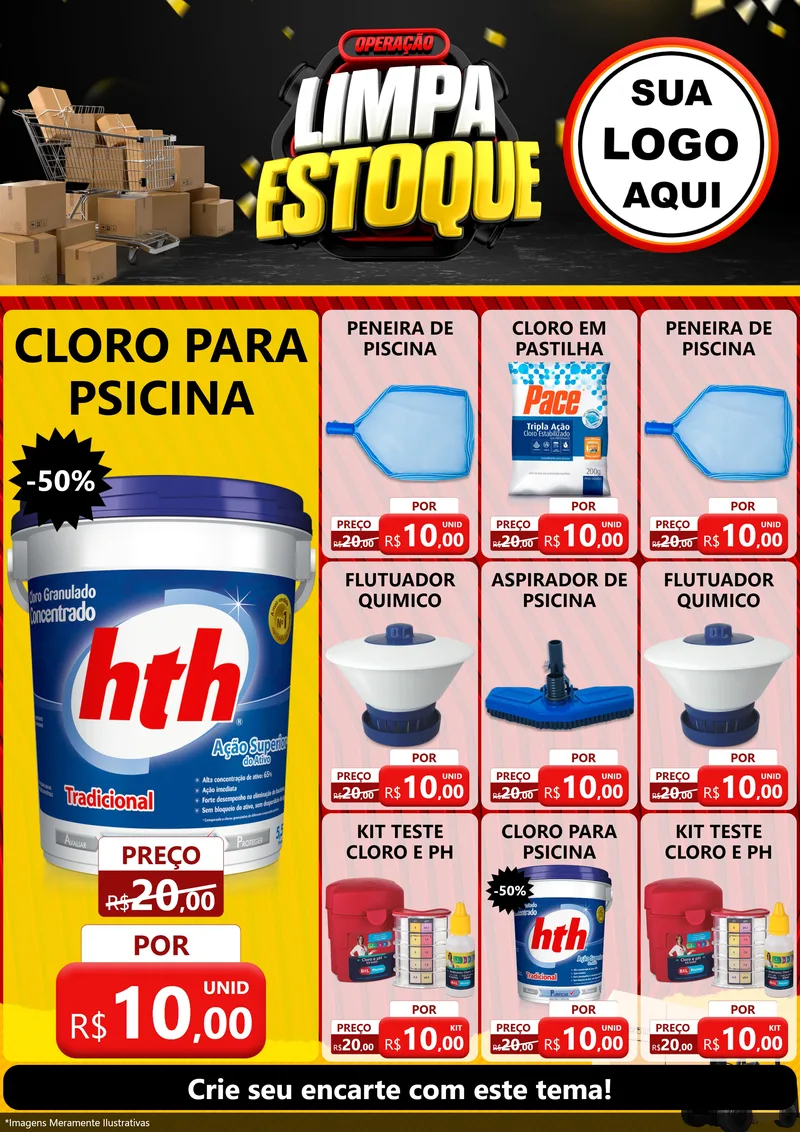 Modelo de Encarte para Encarte A4 Vertical com o tema Operação Limpa Estoque para Produtos para Piscina