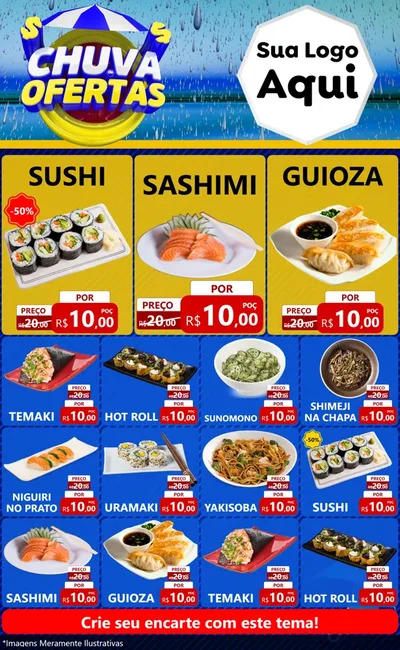 Modelo de Encarte para Encarte Grande com o tema Chuva de Ofertas para Comida japonesa