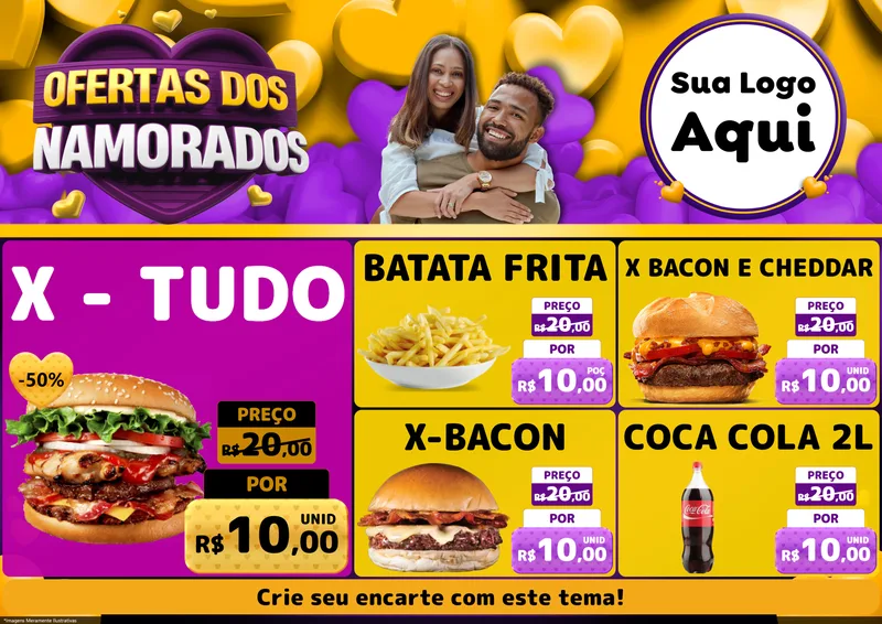 Modelo de Encarte para Encarte A4 Horizontal com o tema Oferta Dos Namorados para Hamburgueria