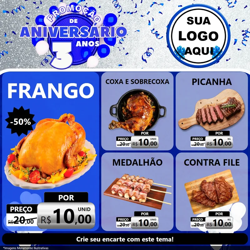 Modelo de Rede Social para Feed Facebook com o tema Promoção de Aniversário - 3 Anos para Assados