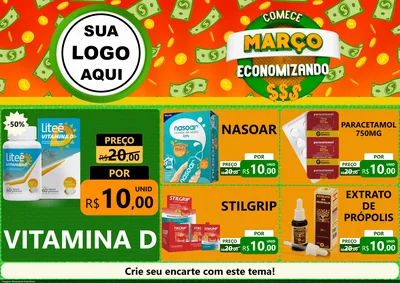 Modelo de Encarte para Encarte A4 Horizontal com o tema Comece Março Economizando para Farmácia