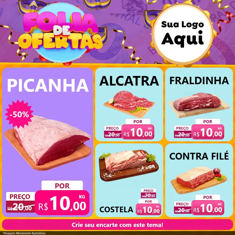 Modelo de Rede Social para Feed Facebook com o tema Folia de Ofertas para Açougue