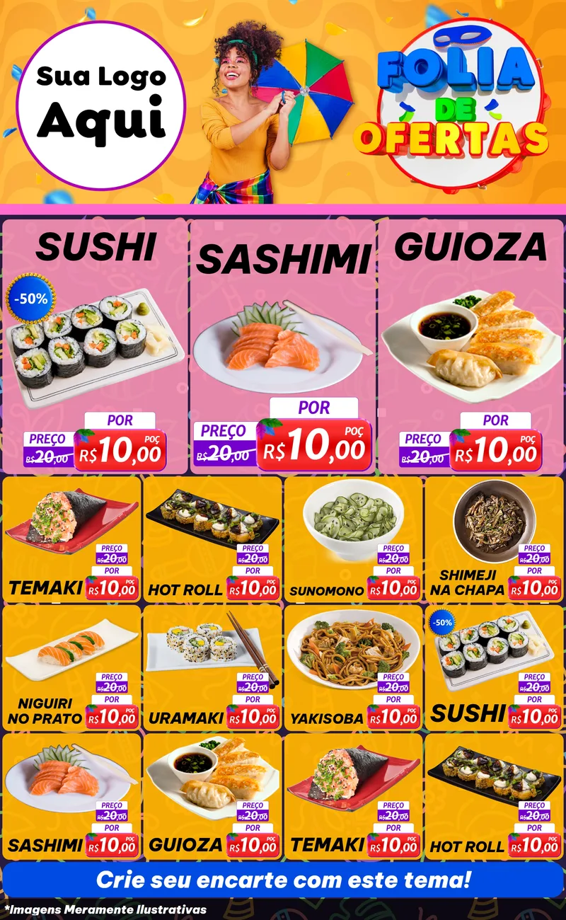 Modelo de Encarte para Encarte Grande com o tema Folia de Ofertas para Comida japonesa