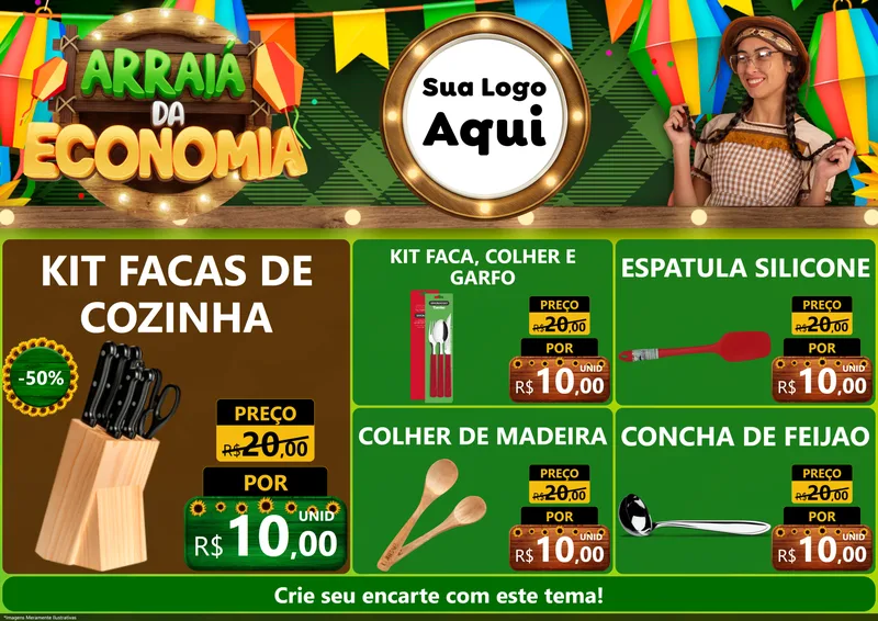 Modelo de Encarte para Encarte A4 Horizontal com o tema Arraiá de Economia para Utilidades Domésticas