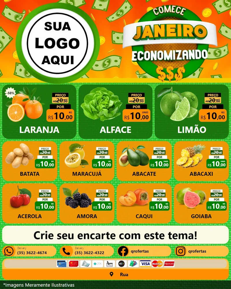 Modelo de Rede Social para Feed Instagram com o tema Comece Janeiro Economizando para Hortifrúti