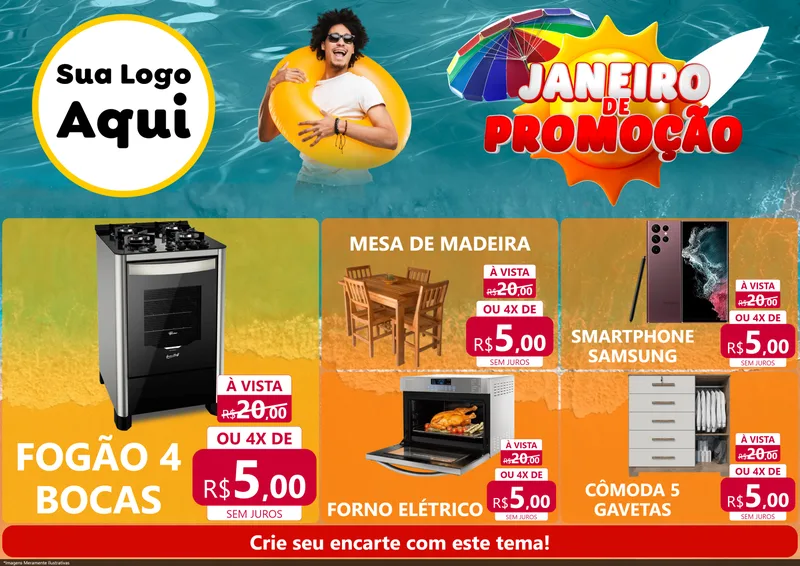 Modelo de Encarte para Encarte A4 Horizontal com o tema Janeiro de Promoção para Móveis e Eletro