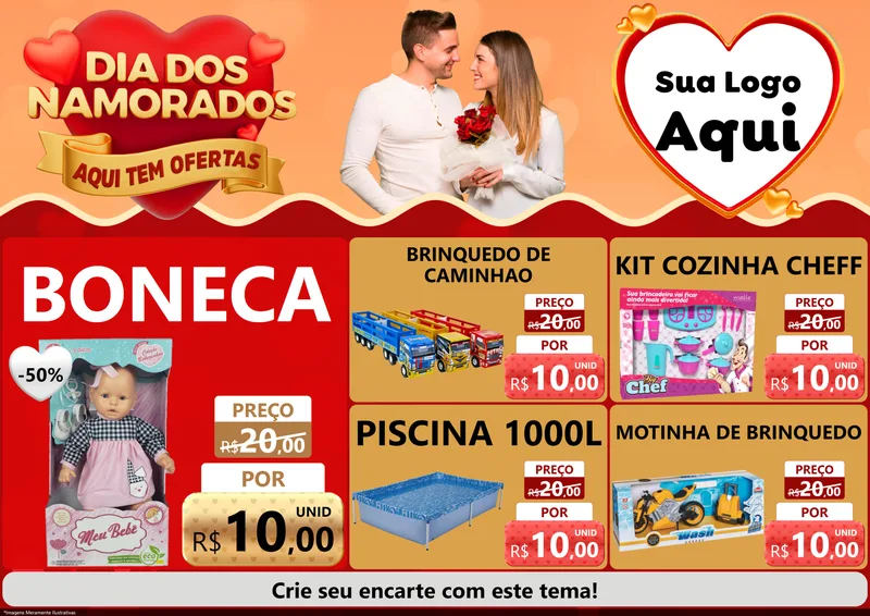 Modelo de Encarte para Encarte A4 Horizontal com o tema Dia dos Namorados - Aqui Tem Ofertas para Brinquedos