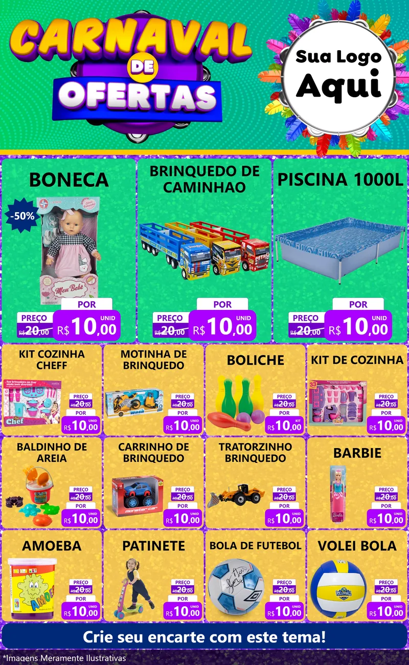Modelo de Encarte para Encarte Grande com o tema Carnaval de Ofertas para Brinquedos