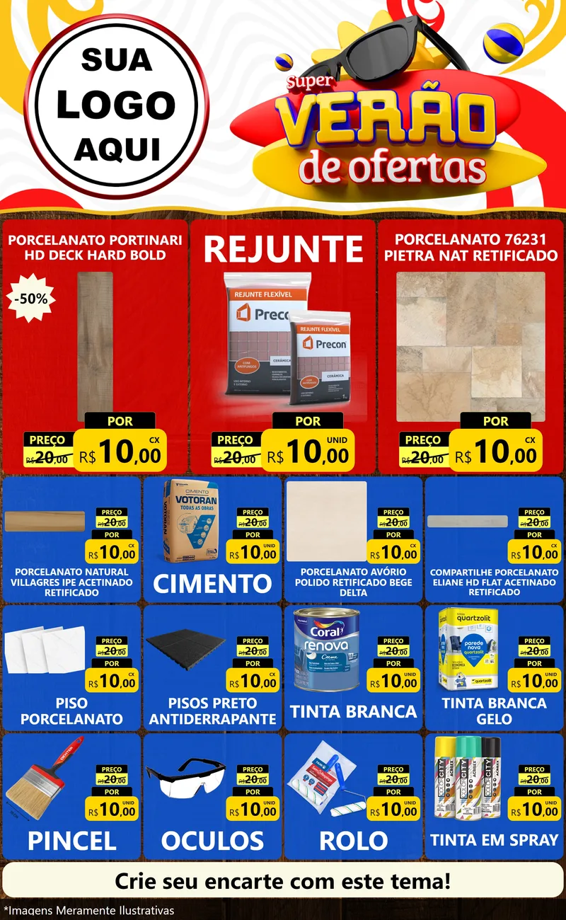 Modelo de Encarte para Encarte Grande com o tema Super Verão de Ofertas para Pisos e revestimentos