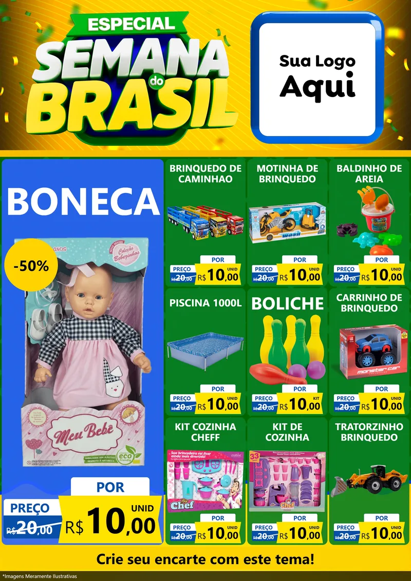 Modelo de Encarte para Encarte A4 Vertical com o tema Especial Semana do Brasil para Brinquedos