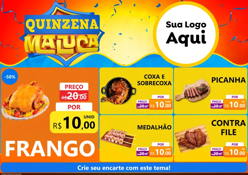 Modelo de Encarte para Encarte A4 Horizontal com o tema Quinzena Maluca para Assados