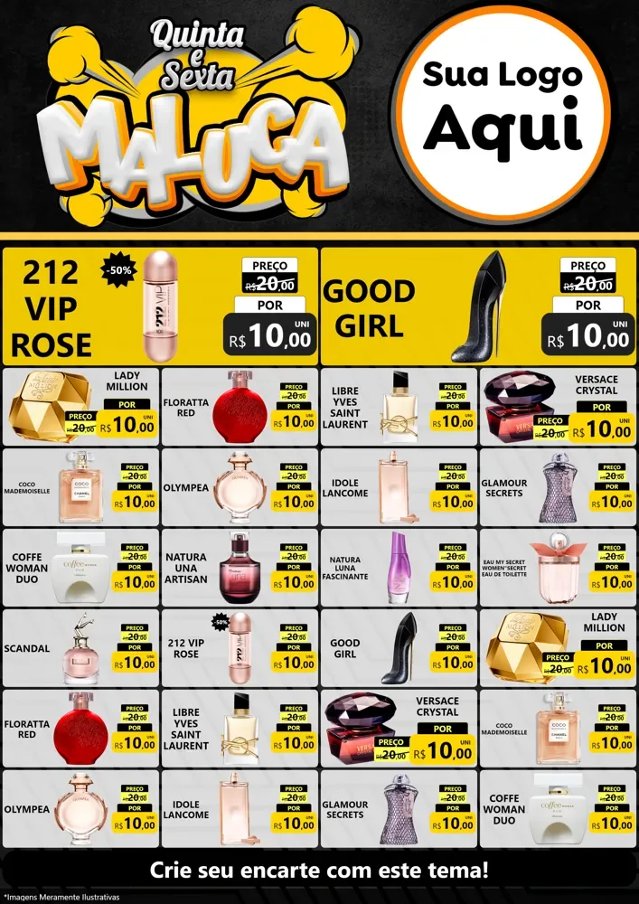 Modelo de Encarte para Encarte A4 Vertical com o tema Quinta e Sexta Maluca para Perfumes