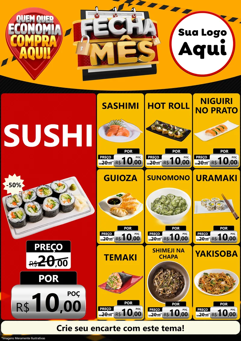 Modelo de Encarte para Encarte A4 Vertical com o tema Fecha Mês para Comida japonesa