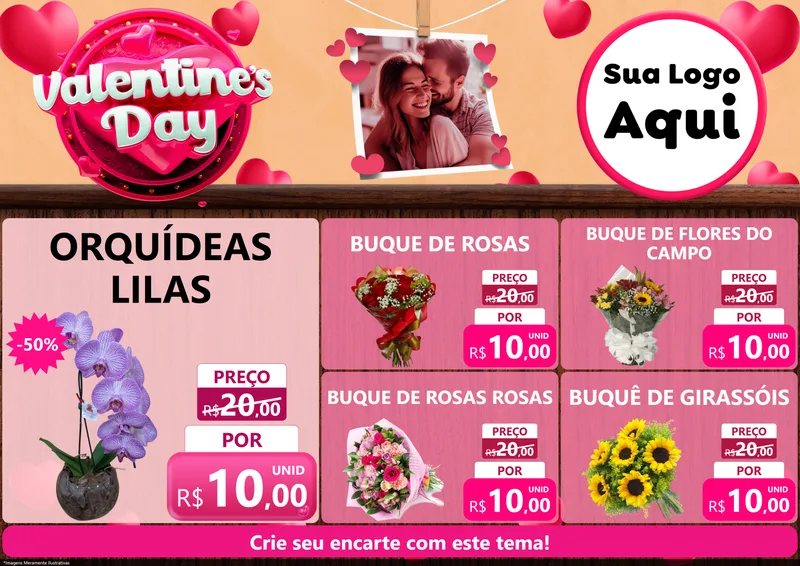 Modelo de Encarte para Encarte A4 Horizontal com o tema Valentine's Day para Floricultura e jardim