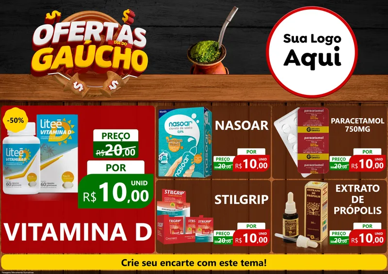 Modelo de Encarte para Encarte A4 Horizontal com o tema Ofertas Dia do Gaúcho para Farmácia