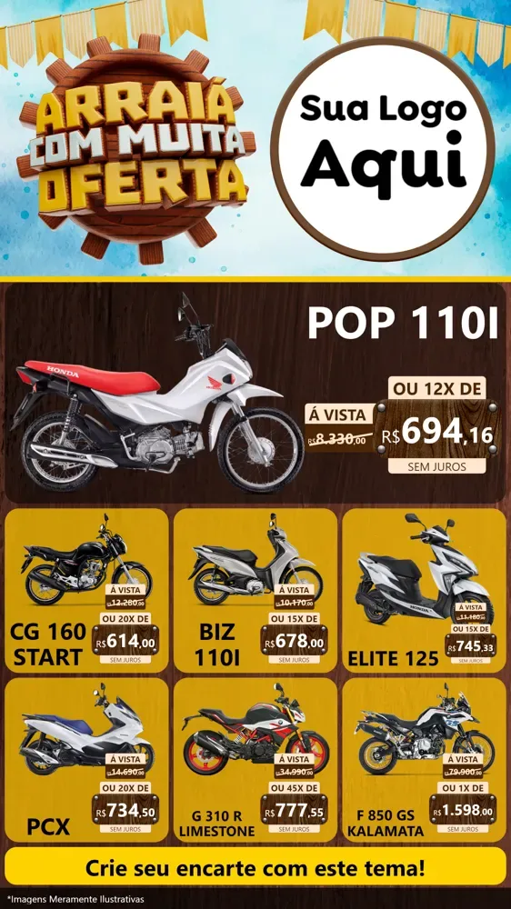 Modelo de Rede Social para Stories com o tema Ofertas de São João - Junina para Concessionaria de Motos