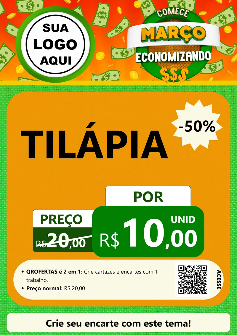 Modelo de Cartaz para Cartaz A4 Vertical com o tema Comece Março Economizando para Peixaria