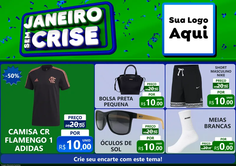 Modelo de Encarte para Encarte A4 Horizontal com o tema Janeiro Sem Crise para Roupas e acessórios