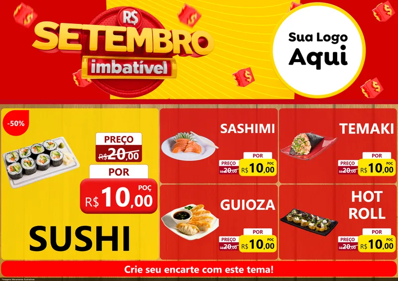 Modelo de Encarte para Encarte A4 Horizontal com o tema Setembro Imbatível para Comida japonesa