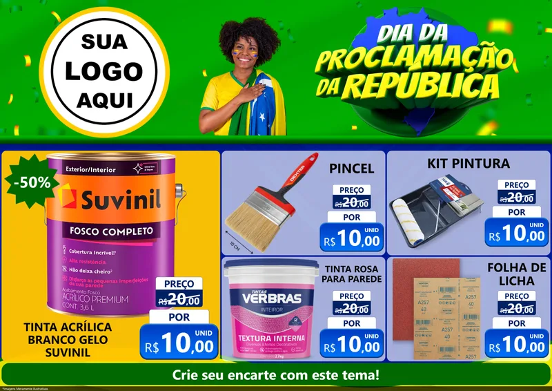 Modelo de Encarte para Encarte A4 Horizontal com o tema Dia Da Proclamação Da República para Tintas e Ferramentas