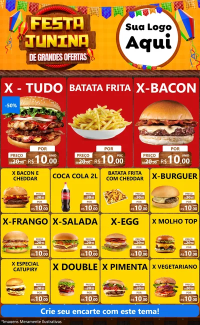 Modelo de Encarte para Encarte Grande com o tema Festa Junina de Grandes Ofertas para Hamburgueria