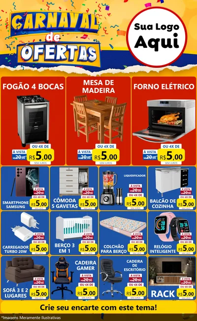 Modelo de Encarte para Encarte Grande com o tema Carnaval de Ofertas para Móveis e Eletro