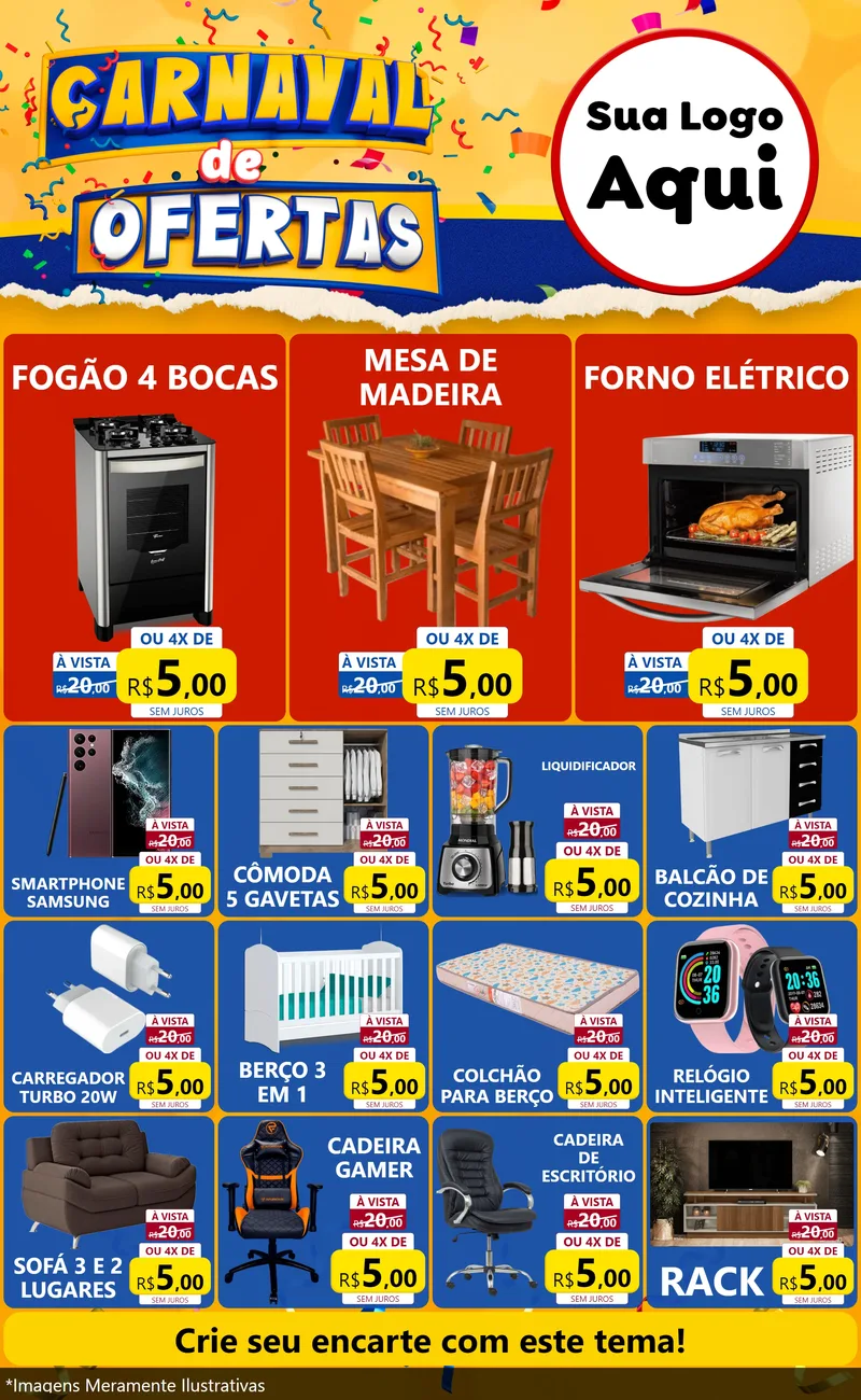 Modelo de Encarte para Encarte Grande com o tema Carnaval de Ofertas para Móveis e Eletro