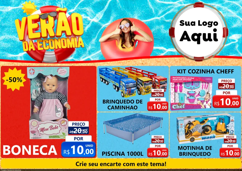 Modelo de Encarte para Encarte A4 Horizontal com o tema Verão da Economia para Brinquedos