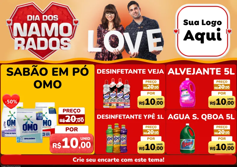 Modelo de Encarte para Encarte A4 Horizontal com o tema Dia dos Namorados para Produtos de Limpeza