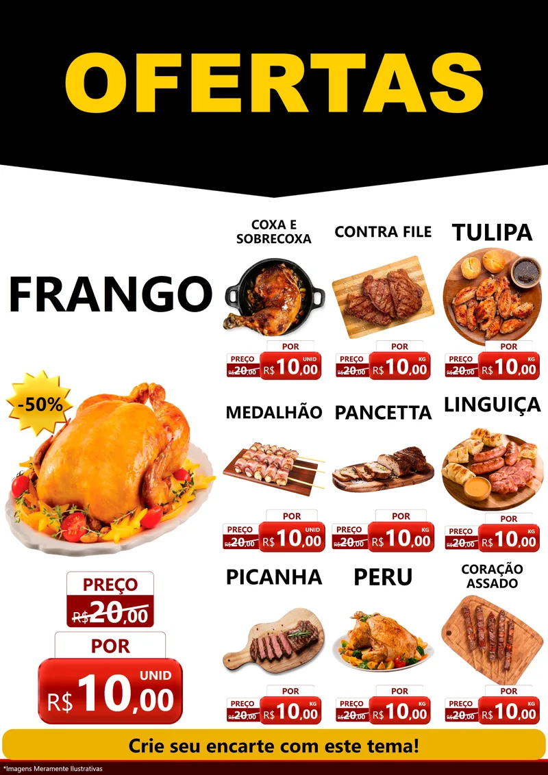 Modelo de Encarte para Encarte A4 Vertical com o tema Ofertas Preto e Vermelho Cartaz para Assados