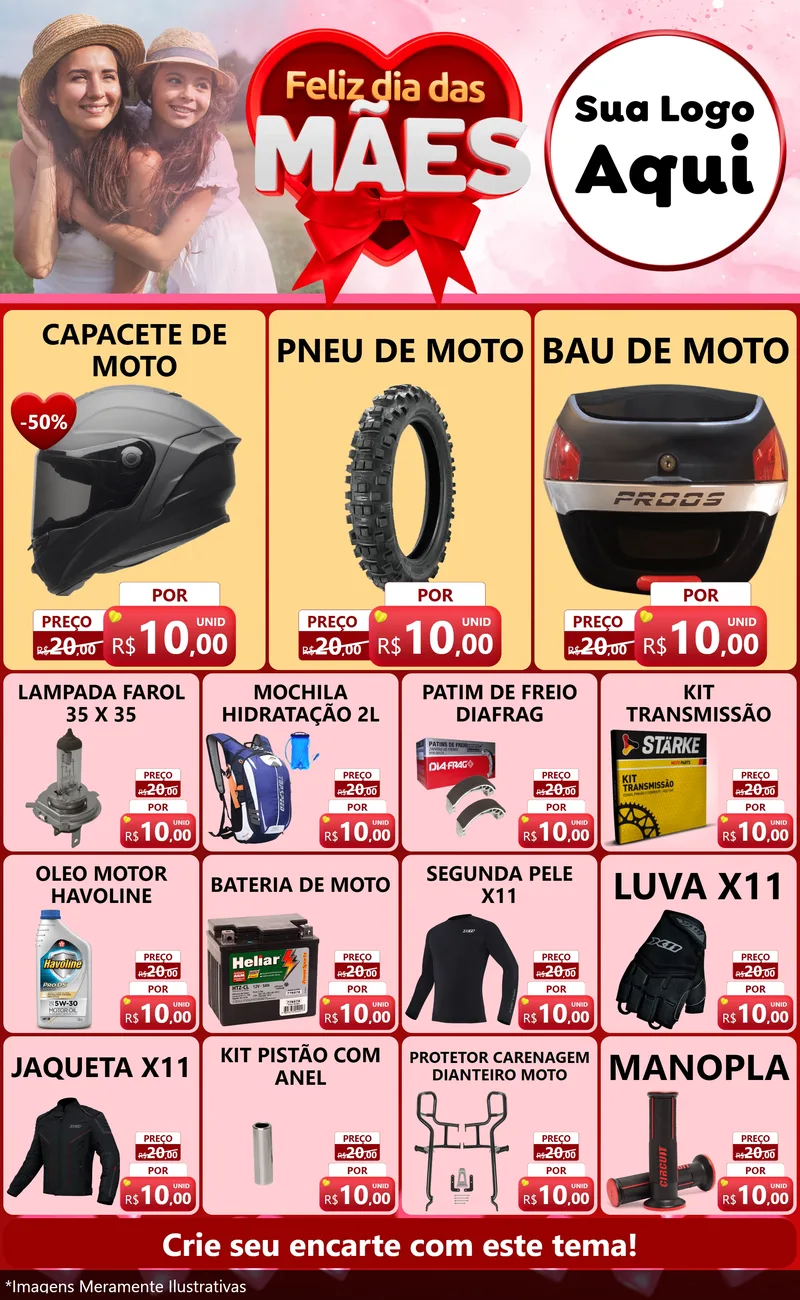 Modelo de Encarte para Encarte Grande com o tema Feliz Dia Das Mães para Moto peças