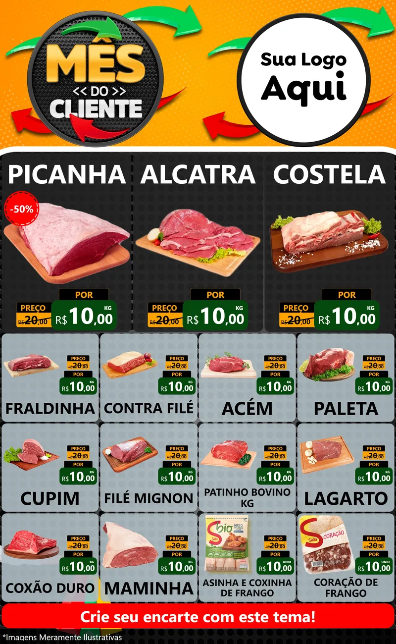 Modelo de Encarte para Encarte Grande com o tema Mês do Cliente para Açougue