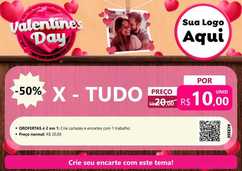 Modelo de Cartaz para Cartaz A4 Horizontal com o tema Valentine's Day para Hamburgueria