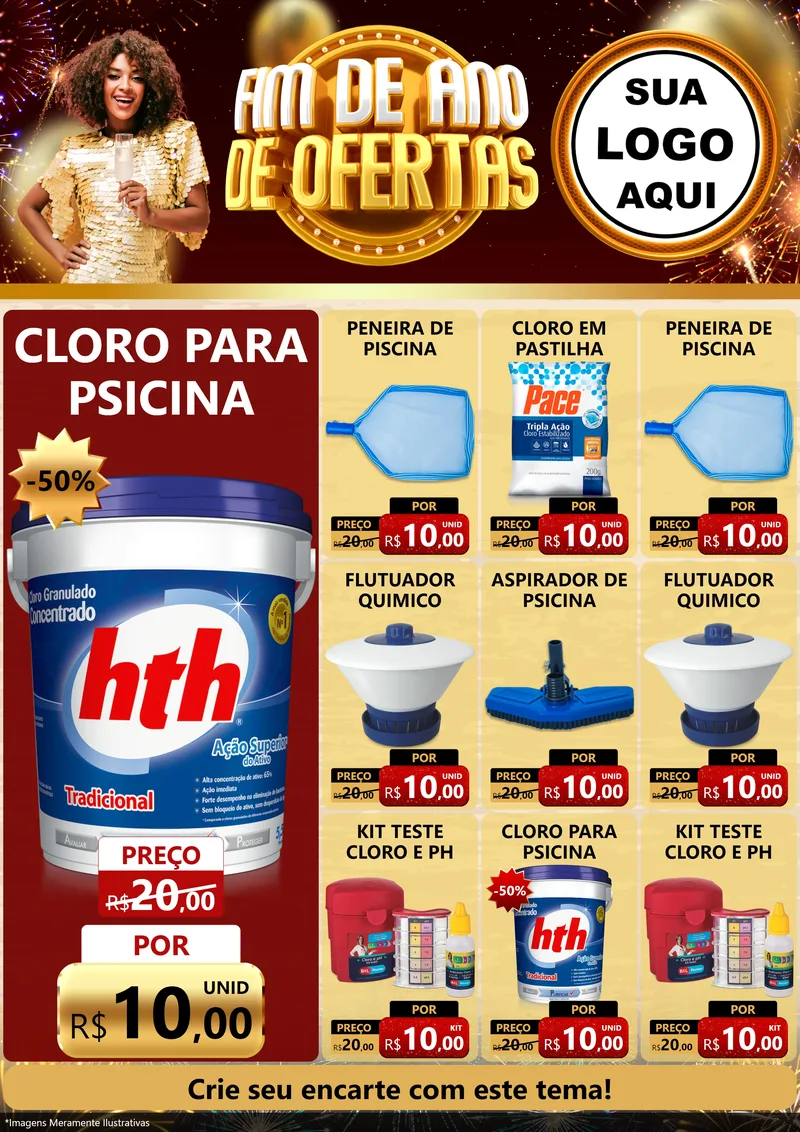 Modelo de Encarte para Encarte A4 Vertical com o tema Fim de Ano de Ofertas para Produtos para Piscina