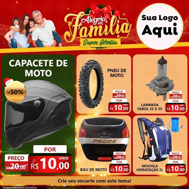 Modelo de Rede Social para Feed Facebook com o tema Alegria em Família Super Ofertas - Natal para Moto peças