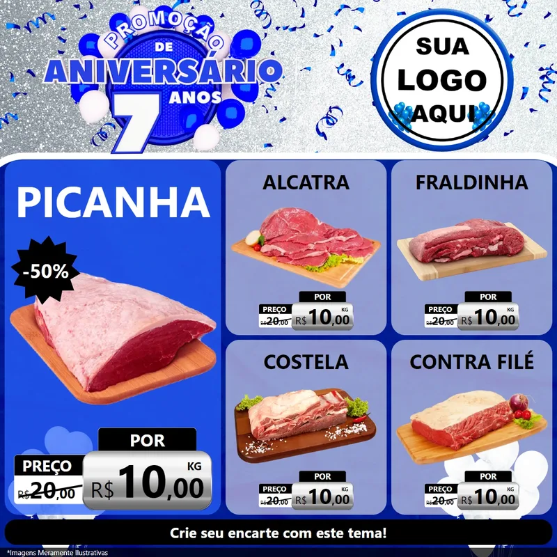 Modelo de Rede Social para Feed Facebook com o tema Promoção de Aniversário - 7 Anos para Açougue