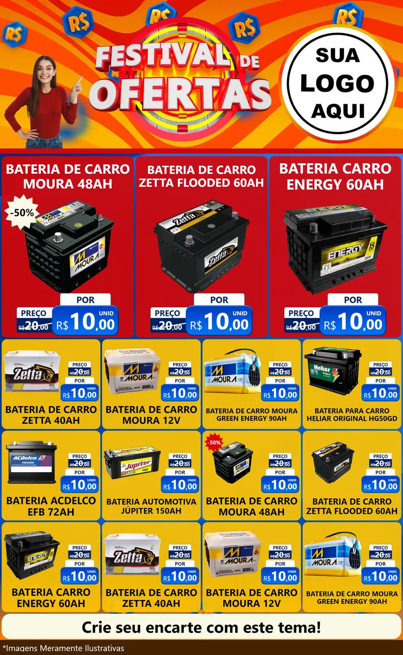 Modelo de Encarte para Encarte Grande com o tema Festival de Ofertas para Baterias Elétricas