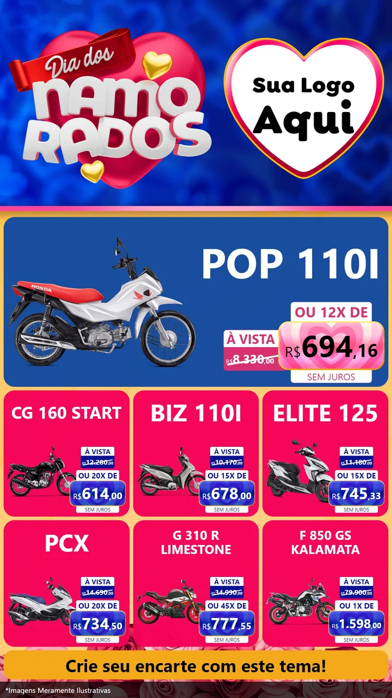 Modelo de Rede Social para Stories com o tema Dia dos namorados para Concessionaria de Motos