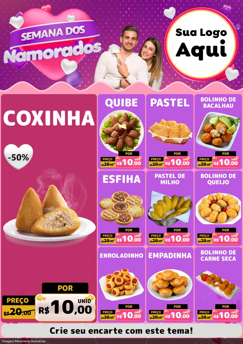 Modelo de Encarte para Encarte A4 Vertical com o tema Semana dos Namorados para Salgadaria