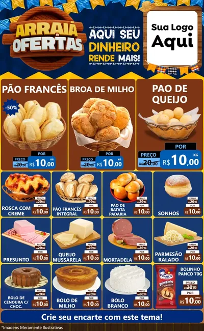 Modelo de Encarte para Encarte Grande com o tema Arraiá de Ofertas - Junina para Padaria