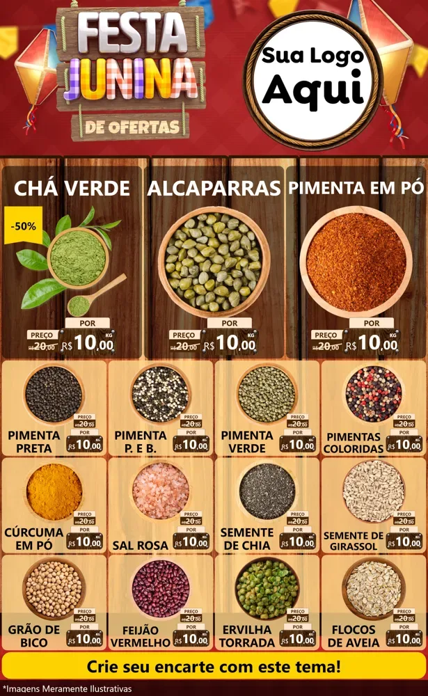 Modelo de Encarte para Encarte Grande com o tema Festa Junina de Ofertas para Produtos Naturais