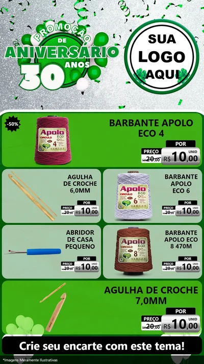Modelo de TV para TV Vertical com o tema Promoção de Aniversário - 30 Anos para Armarinho e Aviamentos