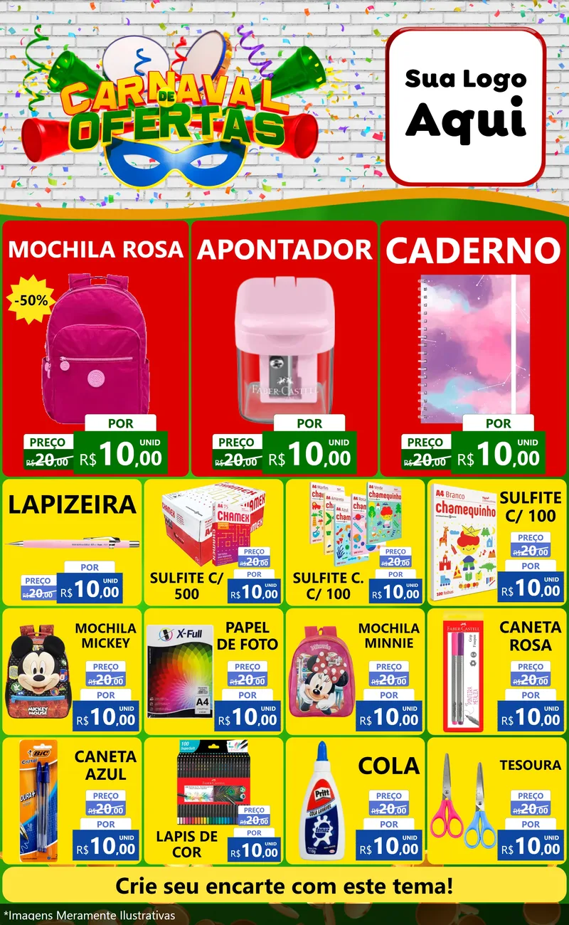 Modelo de Encarte para Encarte Grande com o tema Carnaval de Ofertas para Papelaria