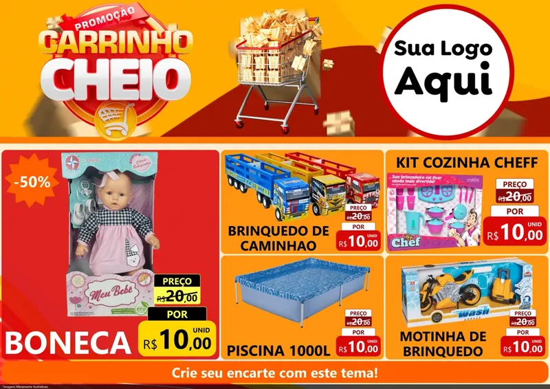 Modelo de Encarte para Encarte A4 Horizontal com o tema Promoção carrinho cheio para Brinquedos
