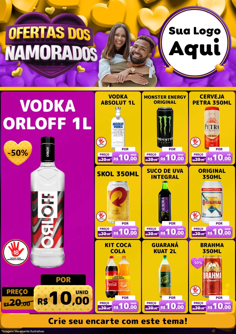 Modelo de Encarte para Encarte A4 Vertical com o tema Oferta Dos Namorados para Distribuidora de bebidas