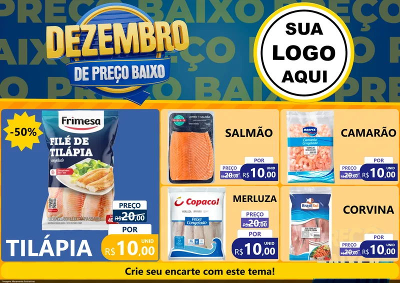 Modelo de Encarte para Encarte A4 Horizontal com o tema Dezembro de Preço Baixo para Peixaria