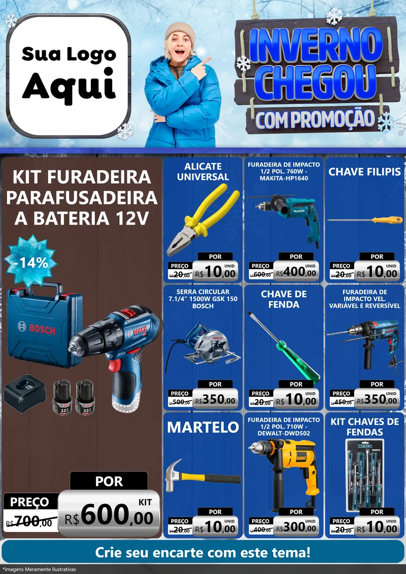 Modelo de Encarte para Encarte A4 Vertical com o tema Inverno Chegou Com Promoção para Maquinas e Ferramentas
