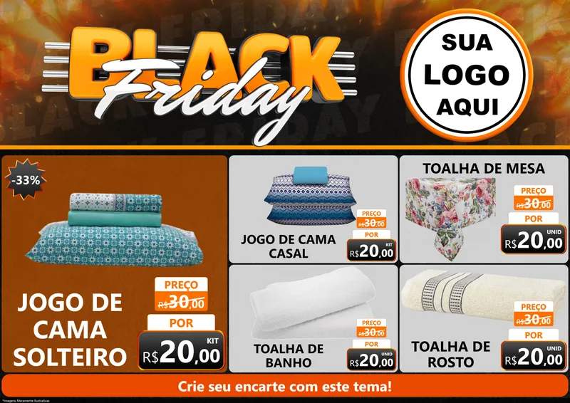 Modelo de Encarte para Encarte A4 Horizontal com o tema Black Friday para Cama, Mesa e Banho